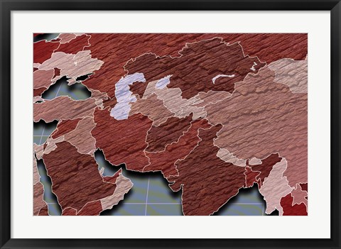 Framed Close-up of a world map - red and blue Print