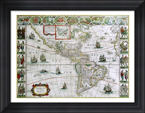 Framed Map of North and South America, Joan Bleau, 1630 Print