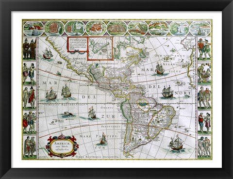 Framed Map of North and South America, Joan Bleau, 1630 Print