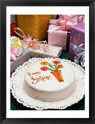 Framed High angle view of a birthday cake with gifts Print