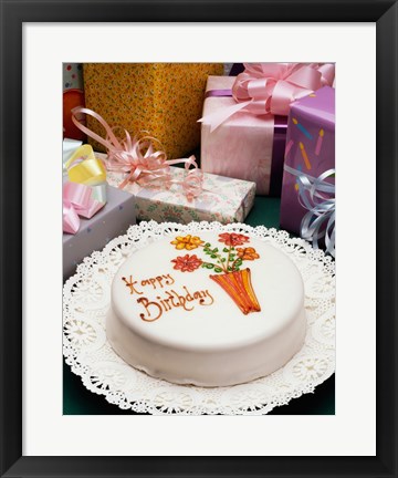 Framed High angle view of a birthday cake with gifts Print