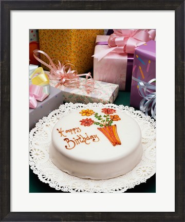 Framed High angle view of a birthday cake with gifts Print