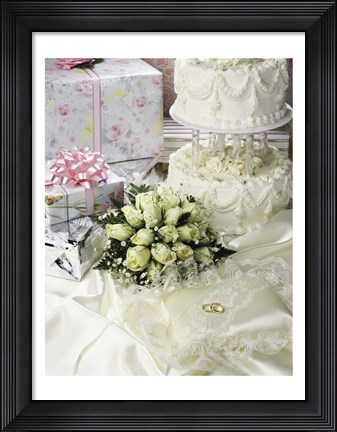 Framed Cake with rings and gifts on a sheet Print