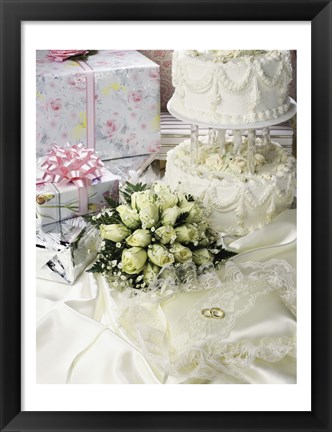 Framed Cake with rings and gifts on a sheet Print