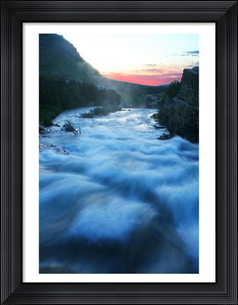 Framed River flowing around rocks at sunrise, Sunrift Gorge, US Glacier National Park, Montana, USA Print