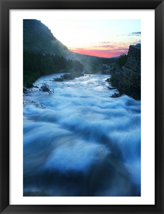 Framed River flowing around rocks at sunrise, Sunrift Gorge, US Glacier National Park, Montana, USA Print