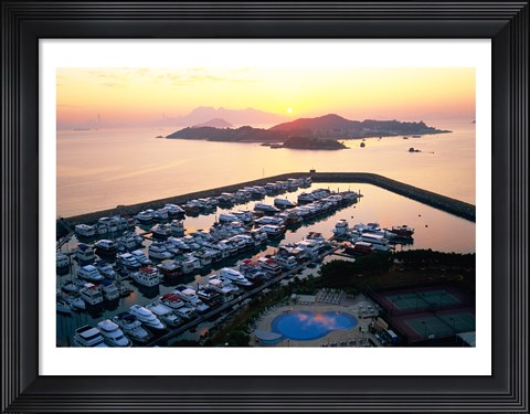 Framed Sunrise over Peng Chau Island with Discovery Bay Marina in foreground, Hong Kong, China Print
