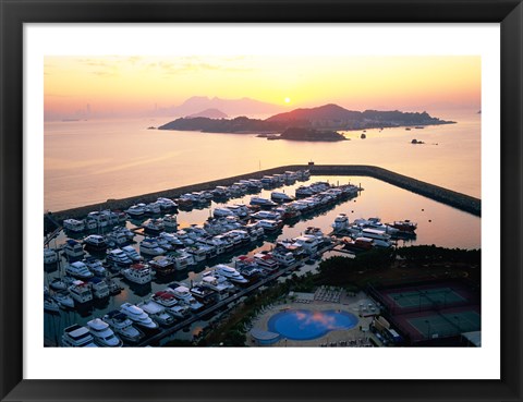 Framed Sunrise over Peng Chau Island with Discovery Bay Marina in foreground, Hong Kong, China Print