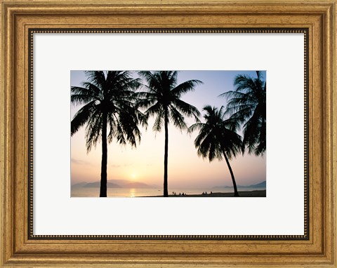 Framed Silhouette of palm trees on a beach during sunrise, Nha Trang Beach, Nha Trang, Vietnam Print