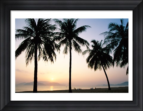 Framed Silhouette of palm trees on a beach during sunrise, Nha Trang Beach, Nha Trang, Vietnam Print