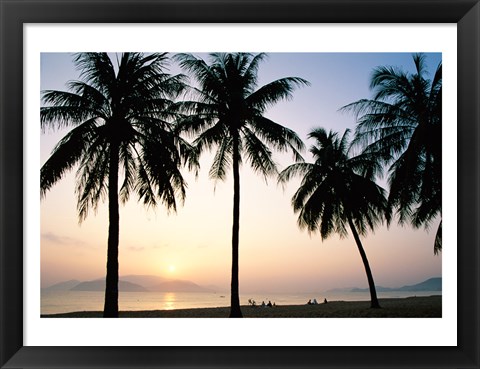 Framed Silhouette of palm trees on a beach during sunrise, Nha Trang Beach, Nha Trang, Vietnam Print