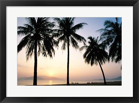 Framed Silhouette of palm trees on a beach during sunrise, Nha Trang Beach, Nha Trang, Vietnam Print