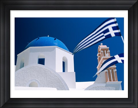 Framed Santorini, Oia , Cyclades Islands, Greece With Flag Print