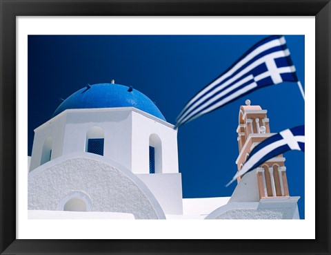 Framed Santorini, Oia , Cyclades Islands, Greece With Flag Print