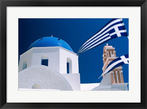 Framed Santorini, Oia , Cyclades Islands, Greece With Flag Print