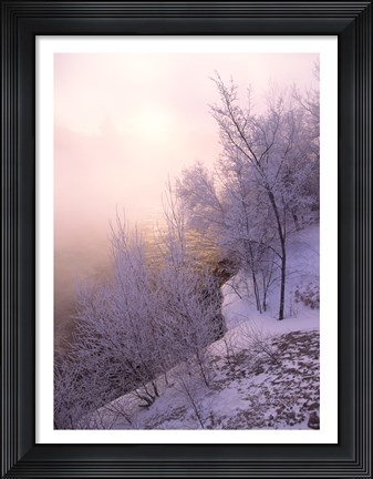Framed River covered with fog at sunrise Print
