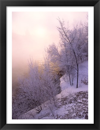 Framed River covered with fog at sunrise Print