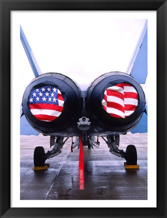 Framed FA-18 Hornet engines covered with American flag, USA Print