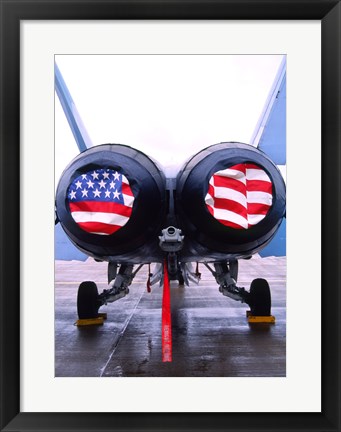 Framed FA-18 Hornet engines covered with American flag, USA Print