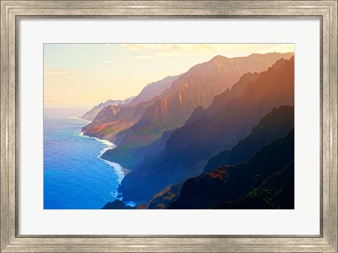 Framed Mountain range at sunrise, Na Pali Coast, Kauai, Hawaii, USA Print