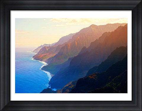 Framed Mountain range at sunrise, Na Pali Coast, Kauai, Hawaii, USA Print