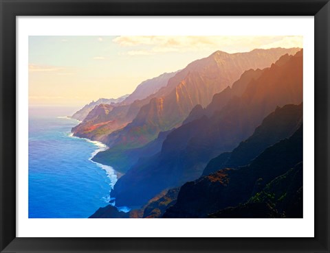 Framed Mountain range at sunrise, Na Pali Coast, Kauai, Hawaii, USA Print