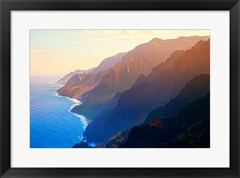 Framed Mountain range at sunrise, Na Pali Coast, Kauai, Hawaii, USA Print