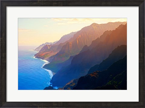 Framed Mountain range at sunrise, Na Pali Coast, Kauai, Hawaii, USA Print