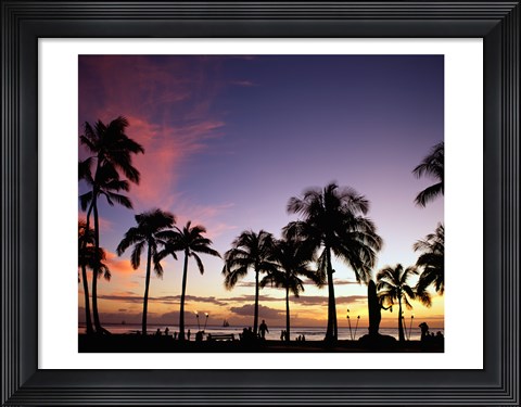 Framed Silhouette of palm trees on the beach, Waikiki Beach, Honolulu, Oahu, Hawaii, USA Print