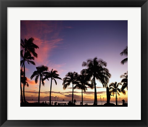 Framed Silhouette of palm trees on the beach, Waikiki Beach, Honolulu, Oahu, Hawaii, USA Print