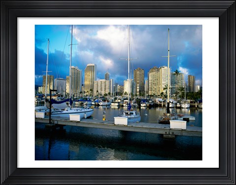 Framed Sailboats docked in a harbor, Ala Wai Marina, Waikiki Beach, Honolulu, Oahu, Hawaii, USA Print