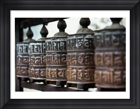 Framed Close-up of prayer wheels, Kathmandu, Nepal Print