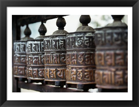 Framed Close-up of prayer wheels, Kathmandu, Nepal Print