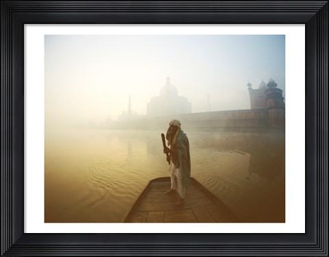 Framed Silhouette of a man standing on a boat in the Yamuna River, Taj Mahal, Agra, Uttar Pradesh, India Print