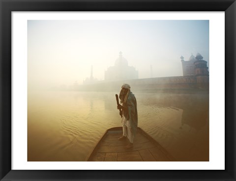 Framed Silhouette of a man standing on a boat in the Yamuna River, Taj Mahal, Agra, Uttar Pradesh, India Print