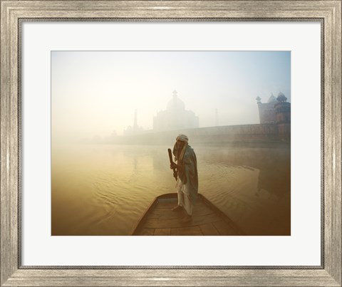 Framed Silhouette of a man standing on a boat in the Yamuna River, Taj Mahal, Agra, Uttar Pradesh, India Print