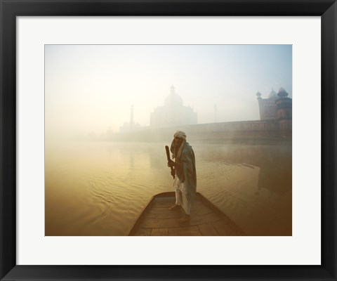 Framed Silhouette of a man standing on a boat in the Yamuna River, Taj Mahal, Agra, Uttar Pradesh, India Print