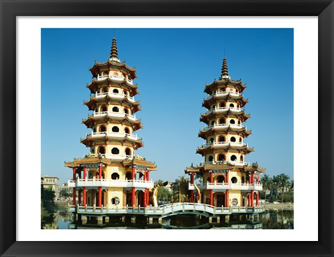 Framed Facade of a pagoda, Dragon and Tiger Pagoda, Lotus Lake, Kaohsiung, Taiwan Print