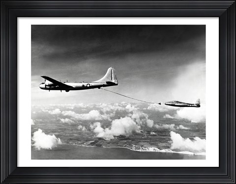 Framed Side profile of a military tanker airplane refueling in flight, B-29 Superfortress, F-84 Thunderjet Print