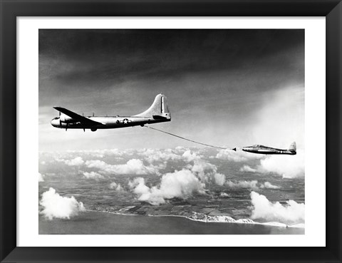 Framed Side profile of a military tanker airplane refueling in flight, B-29 Superfortress, F-84 Thunderjet Print