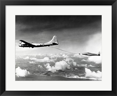 Framed Side profile of a military tanker airplane refueling in flight, B-29 Superfortress, F-84 Thunderjet Print