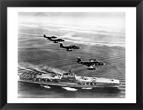 Framed High angle view of four fighter planes flying over an aircraft carrier, US Navy Banshees, USS Coral Sea (CV-43) Print