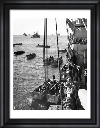Framed High angle view of army soldiers in a military ship, Normandy, France, D-Day, June 6, 1944 Print