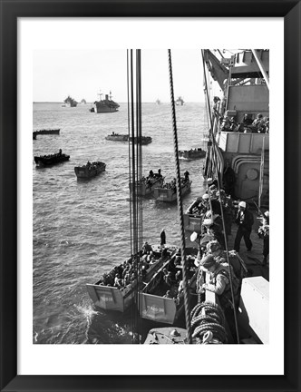 Framed High angle view of army soldiers in a military ship, Normandy, France, D-Day, June 6, 1944 Print