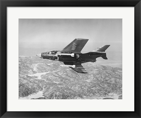 Framed Side profile of a fighter plane carrying sidewinder missiles during flight, F9F-8 Cougar, US Navy Print