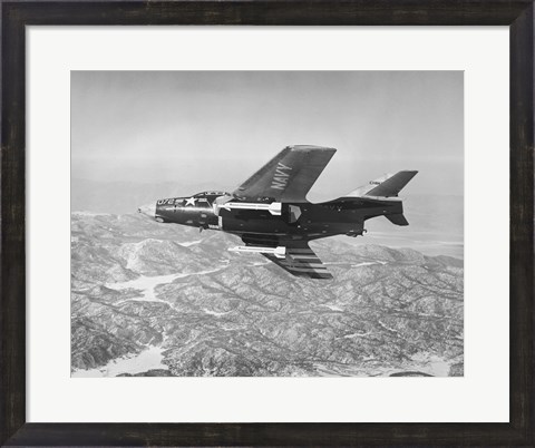 Framed Side profile of a fighter plane carrying sidewinder missiles during flight, F9F-8 Cougar, US Navy Print