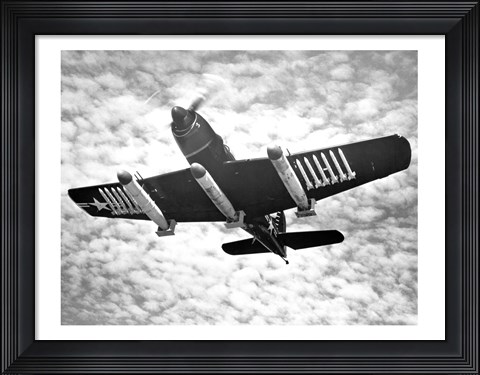Framed Low angle view of a fighter plane carrying missiles in flight, Martin AM-1 Mauler, US Navy Print