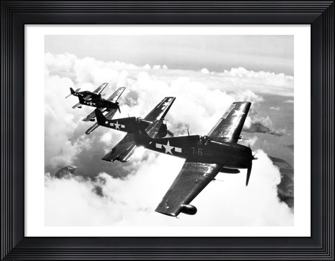 Framed High angle view of four fighter planes flying in formation, F6F Hellcat Print