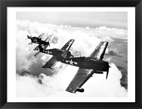 Framed High angle view of four fighter planes flying in formation, F6F Hellcat Print