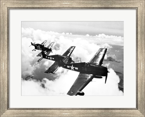 Framed High angle view of four fighter planes flying in formation, F6F Hellcat Print